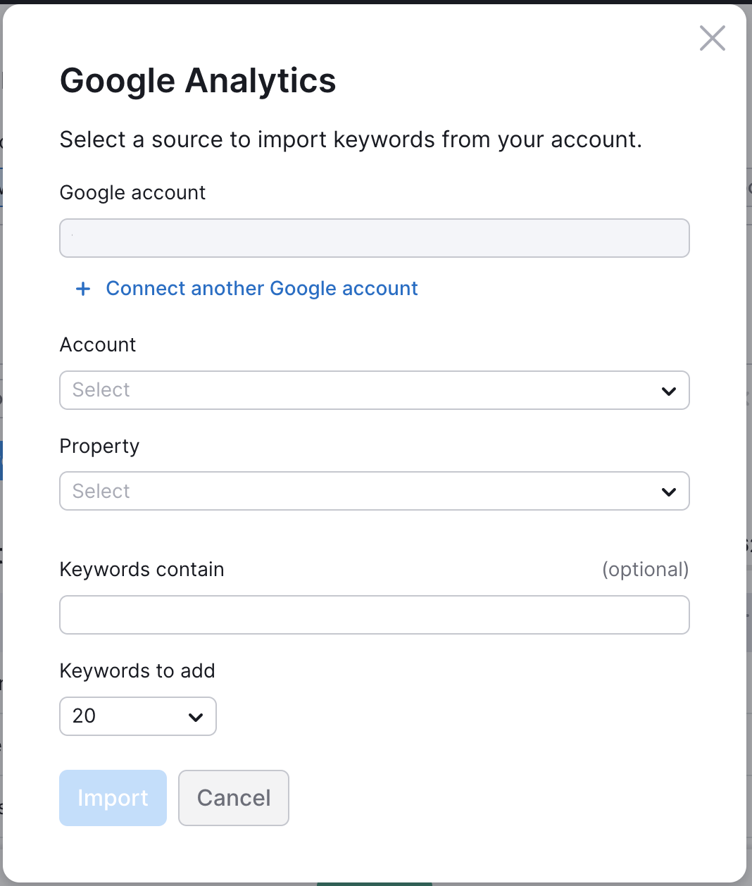 Google Analytics connection pop-up window